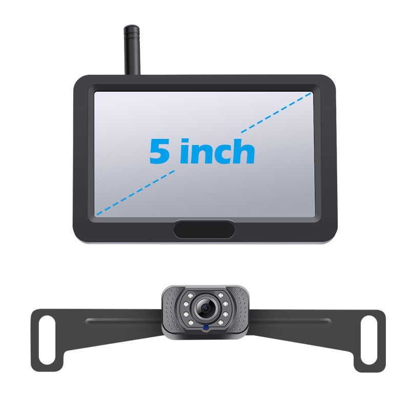 Belaidė automobilio galinio vaizdo kamera rinkinys su numerio ženklų kamera — raiška 1080P/720P/480P, 12V, 110° kampas, AV signalas