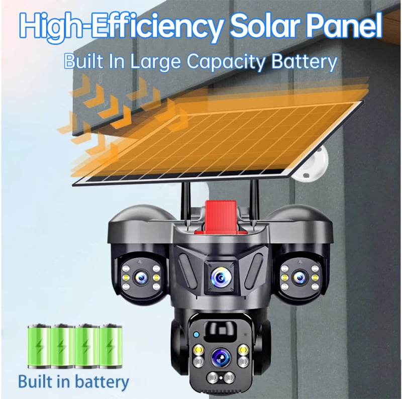 Solárna bezpečnostná kamera s 4G/WiFi, vodotesné nočné videnie, vonkajšie použitie, trojobjektívny systém, 5V napájanie