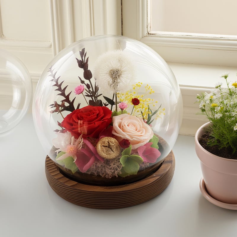 Ornament sferă de cristal cu capac de sticlă, floare veșnică; potrivit pentru nunți, zile de naștere, absolvire și cadouri pentru casă; potrivit pentru cadouri de afaceri, promoționale și distincții memoriale