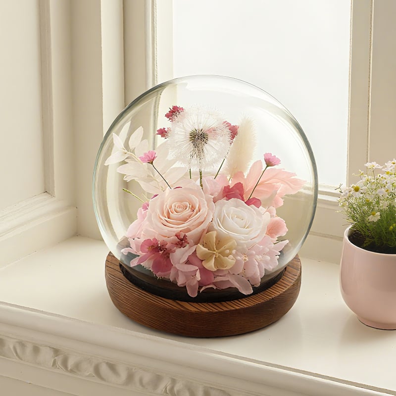 Ornament sferă de cristal cu capac de sticlă, floare veșnică; potrivit pentru nunți, zile de naștere, absolvire și cadouri pentru casă; potrivit pentru cadouri de afaceri, promoționale și distincții memoriale