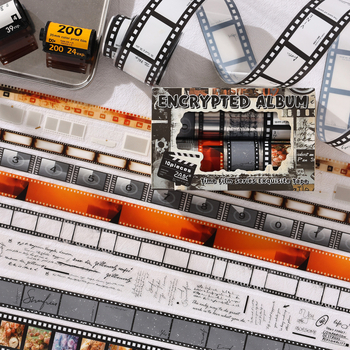 Σετ κουτί από washi ταινία – σειρά Time Film, θεμα φωτογραφικής μηχανής, DIY υλικό με διακοσμητικά κύκλικα αυτοκόλλητα, 2 στυλ; Πάχος 0,04 mm; Βασικό υλικό PET; Μάρκα Dark Shadow; Βάρος 130 g; Ημερομηνία κυκλοφορίας 2025-11-03