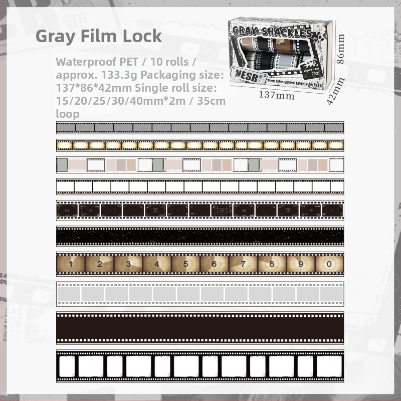 Kaste washi lentei komplekts – Time Film sērija, kameras tēmai, DIY materiāls ar dekoratīvām apaļām uzlīmēm, 2 stili; Biezums 0,04 mm; Pamatmateriāls PET; Zīmols Dark Shadow; Svars 130 g; Izlaiduma datums 2025-11-03