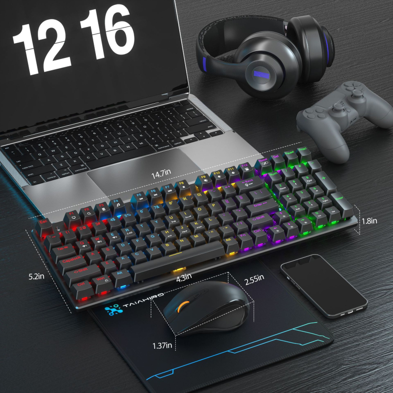 Taiahiro BK6301: Σετ μηχανικού πληκτρολογίου και ποντικιού με τρεις λειτουργίες, ασύρματο/ενσύρματο, USB/Bluetooth/2.4G, 3200 DPI, φωτισμός