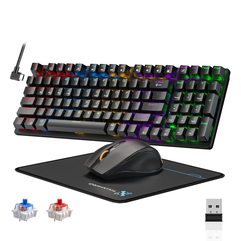 Taiahiro BK6301: Σετ μηχανικού πληκτρολογίου και ποντικιού με τρεις λειτουργίες, ασύρματο/ενσύρματο, USB/Bluetooth/2.4G, 3200 DPI, φωτισμός