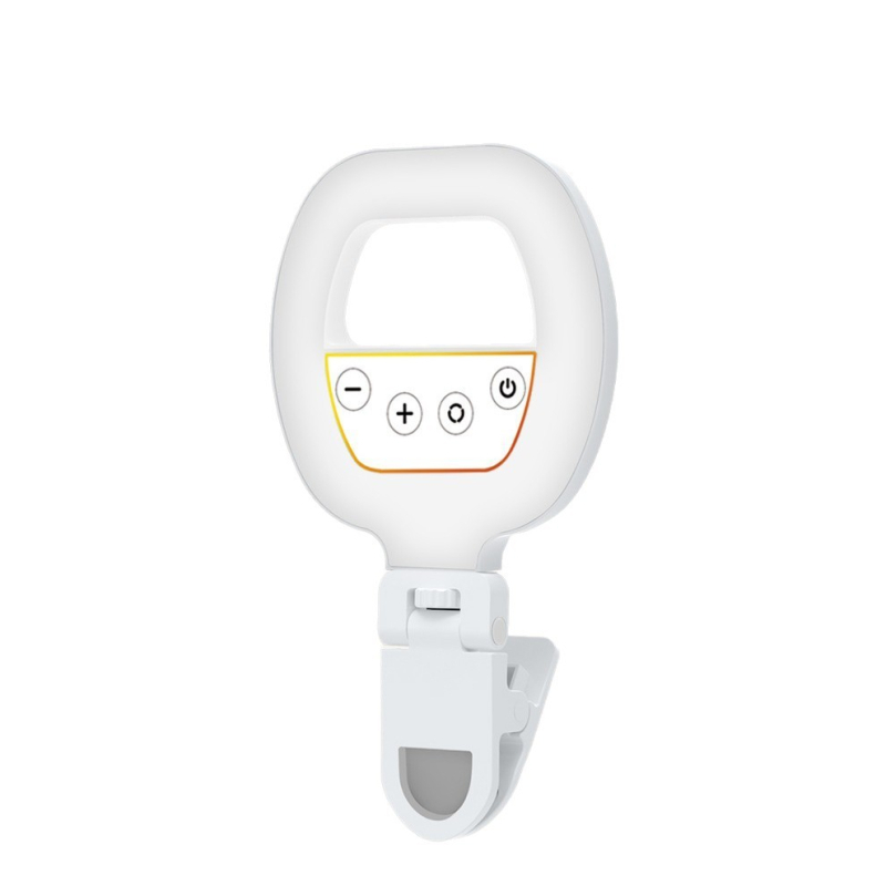 Lumină LED clip-on pentru selfie la telefon – trei temperaturi de culoare, baterie reîncărcabilă 3.7V, putere sub 10W, iluminare portabilă pentru fotografii și videoclipuri live