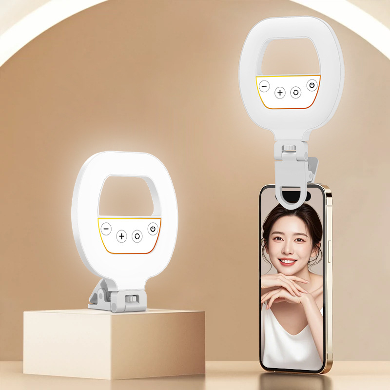 Lumină LED clip-on pentru selfie la telefon – trei temperaturi de culoare, baterie reîncărcabilă 3.7V, putere sub 10W, iluminare portabilă pentru fotografii și videoclipuri live