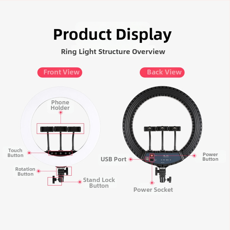LED kruhové svetlo pre fotografovanie, model 18S, tri teploty farieb, 51–100W, 100–240 VAC, zvislé uchytenie