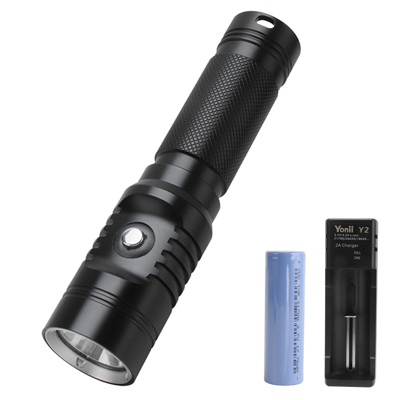 21700 búvár LED lámpa fotózáshoz és videózáshoz, alumínium ötvözet, LED, 10W, 350+ lumen, vízálló 200–500 m-ig, akkumulátor 1×21700 Li‑ion, privát címkézésre lehetőség, multifunkcionális, túlmerülés elleni védelem