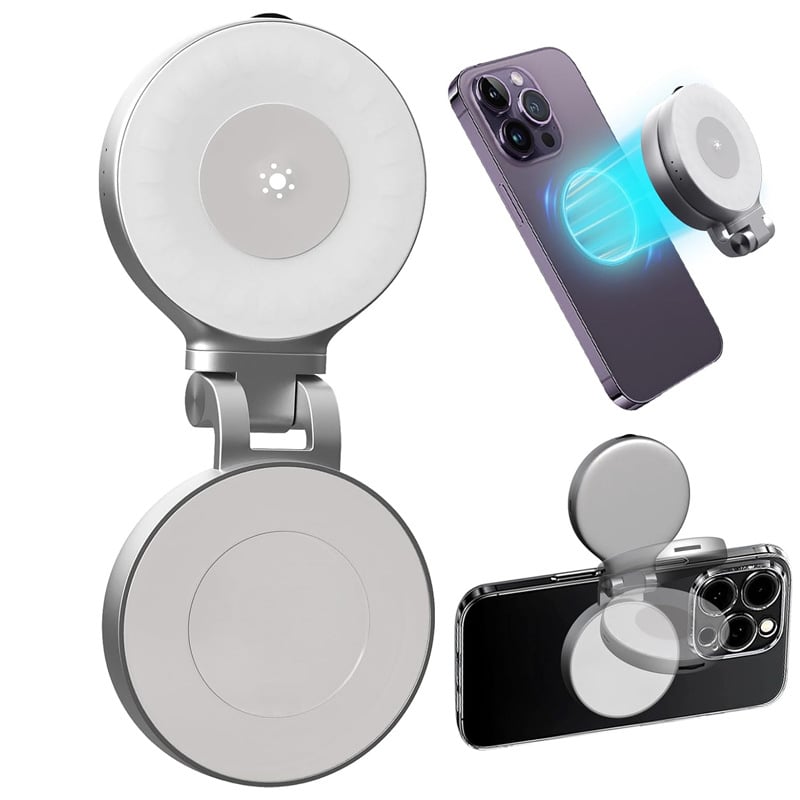 Mini selfie svjetlo za telefon s MagSafe magnetskim pričvršćivanjem i ogledalom; 360° sklopno; tri postavke temperature svjetla, 2500K–9900K; <10W, 3.7V