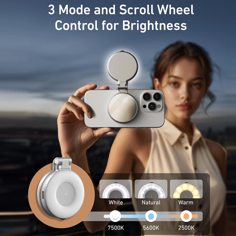 Mini selfie svjetlo za telefon s MagSafe magnetskim pričvršćivanjem i ogledalom; 360° sklopno; tri postavke temperature svjetla, 2500K–9900K; <10W, 3.7V