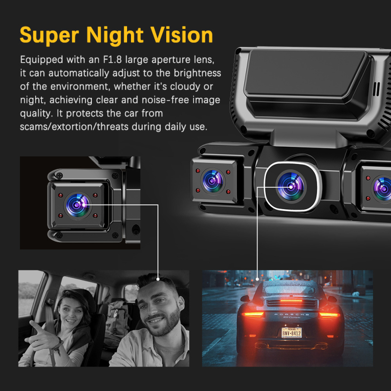 4-канален автомобилен видеорегистратор с инфрачервено нощно виждане, 1080p резолюция, 3.0-инчов IPS дисплей, Wi-Fi свързаност
