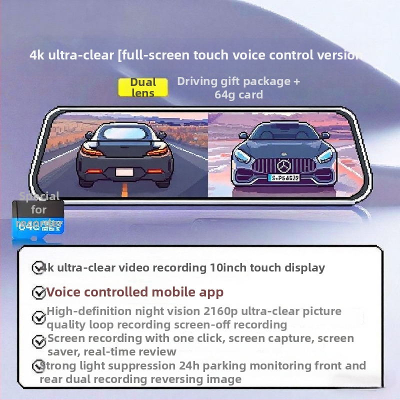 Automobilová kamera s prednou a zadnou duálnou šošovkou, 2160p, 5MP, 256GB, Wi-Fi