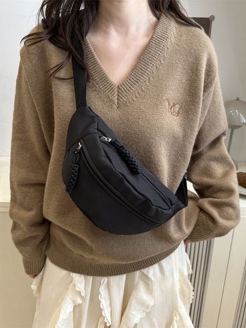 Geantă pentru piept din pânză, stil urban simplu, deschidere cu fermoar, buzunar laminat cu fermoar, buzunar intern cu patch, primăvara 2025