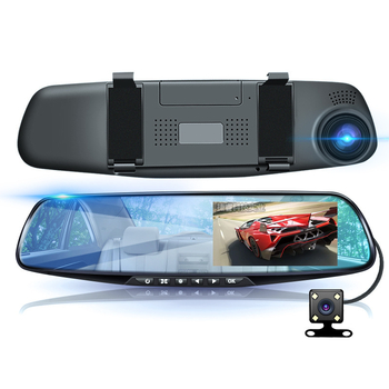 Automobilio atbulinės eigos veidrodžio vaizdo registratorius su dviejų objektivų (priekyje/galas), 720p, 140° kampas, kilpo įrašymas, USB, montavimas prie veidrodžio, atbulinės eigos vaizdas, parkavimo stebėjimas