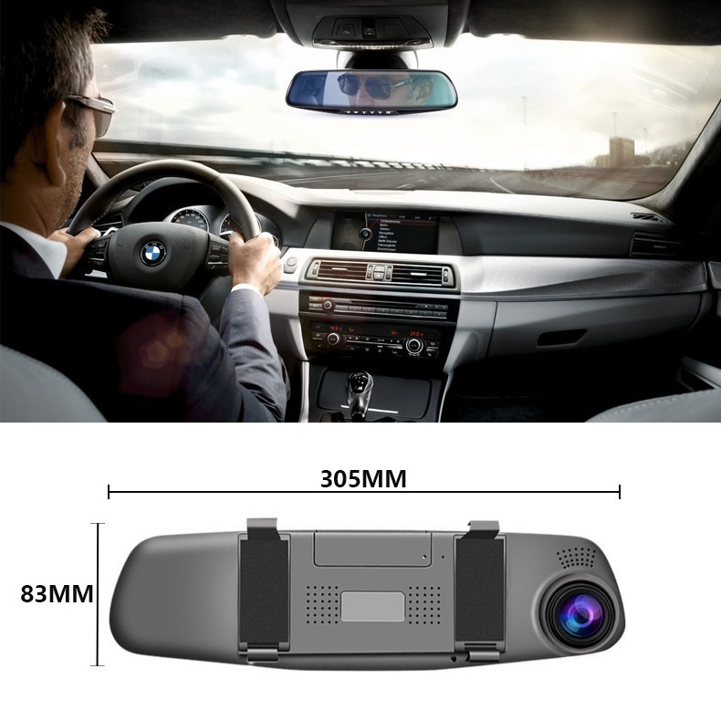 Automobilio atbulinės eigos veidrodžio vaizdo registratorius su dviejų objektivų (priekyje/galas), 720p, 140° kampas, kilpo įrašymas, USB, montavimas prie veidrodžio, atbulinės eigos vaizdas, parkavimo stebėjimas