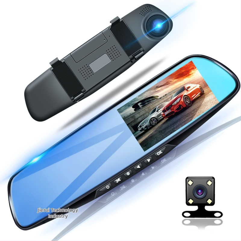 Dash cam do spätného zrkadla s duálnym objektívom (predný a zadný), 720p, 140° uhol, slučkové nahrávanie, USB, montáž na spätné zrkadlo, cúvacia vizualizácia, parkovanie