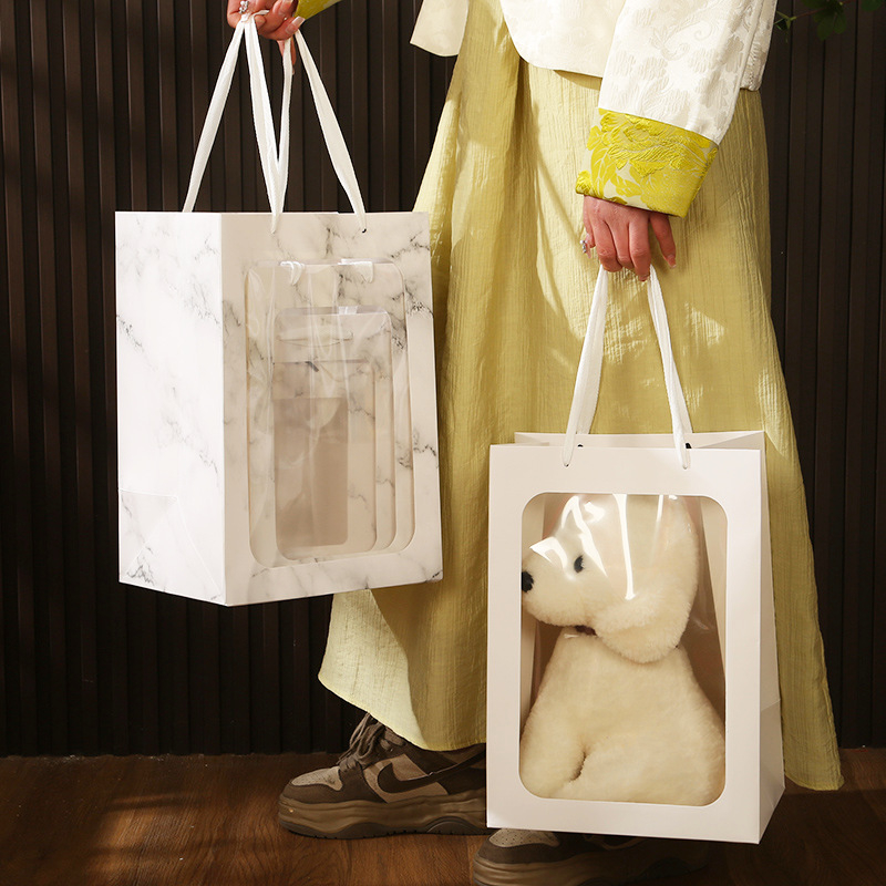 Geantă de cadouri cu fereastră Yilong - design transparent, sac de hârtie pătrat, logo tipărit