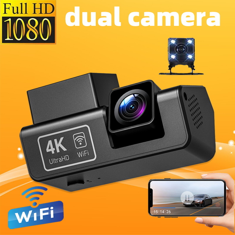 Dviejų kanalų automobilinis vaizdo registratorius su WiFi, 1080p, 170° plataus kampo, be ekrano