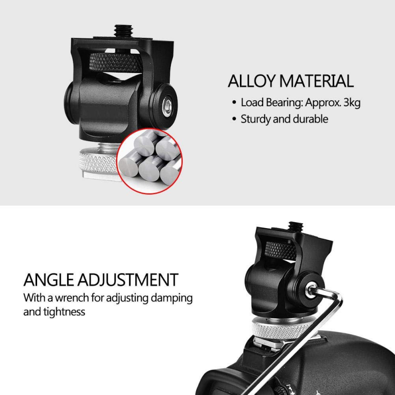 Držiak DSLR pre horúcu obuv – hliníková zliatina, 360° horizontálne otáčanie, 180° vertikálne otáčanie, hmotnosť 100 g