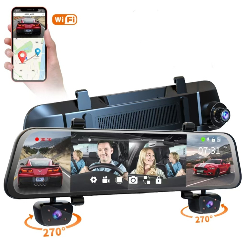 4 kanalų galinio vaizdo veidrodžio vaizdo registratorius, 170° platus kampas, 1080p, WIFI, kilpinis įrašymas su parkavimu ir judesio aptikimu