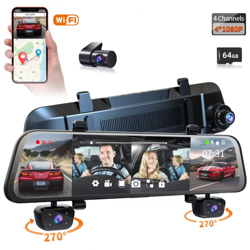 4 kanalų galinio vaizdo veidrodžio vaizdo registratorius, 170° platus kampas, 1080p, WIFI, kilpinis įrašymas su parkavimu ir judesio aptikimu