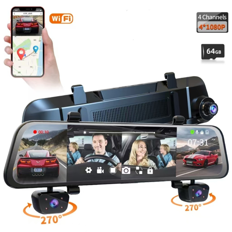 4 kanalų galinio vaizdo veidrodžio vaizdo registratorius, 170° platus kampas, 1080p, WIFI, kilpinis įrašymas su parkavimu ir judesio aptikimu