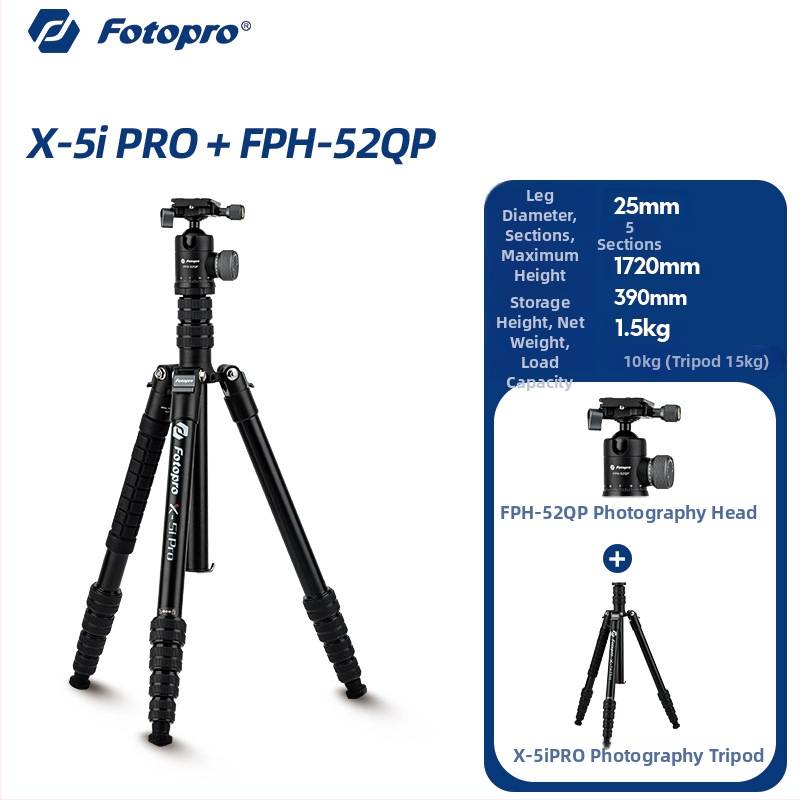 Fotopro X5I PRO hlinírový statív s hydraulickou hlavou, 5 sekcií, nosnosť 6–10 kg, platňa s rýchlym uvoľnením