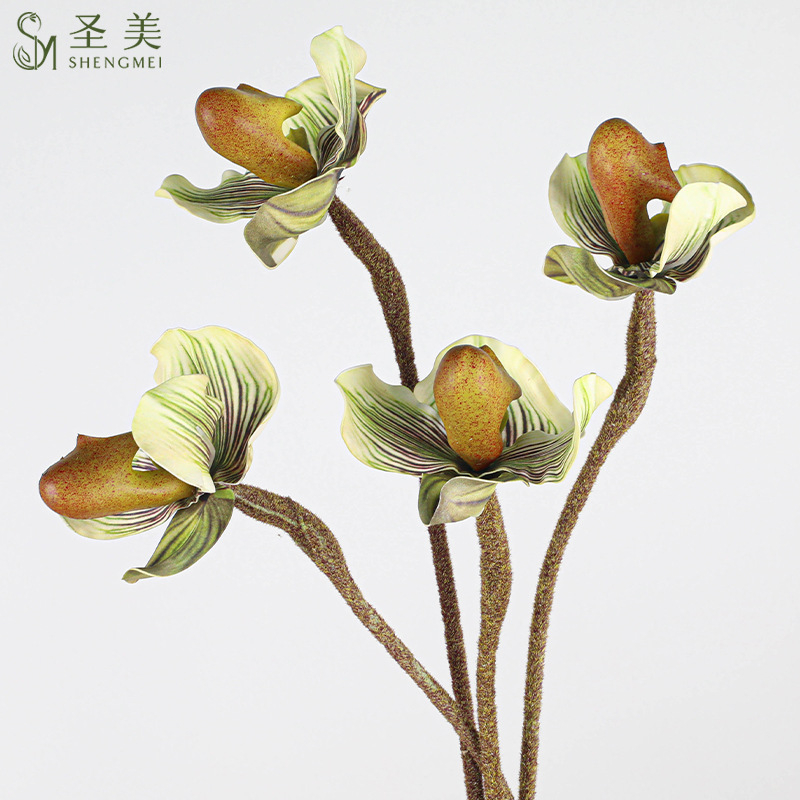 Floare artificială Paphiopedilum slipper orchid — Holy Beauty, PVC moale, stilizare, varietate 38662365760, pentru nuntă, exterior, recuzită de fotografie, decor acasă