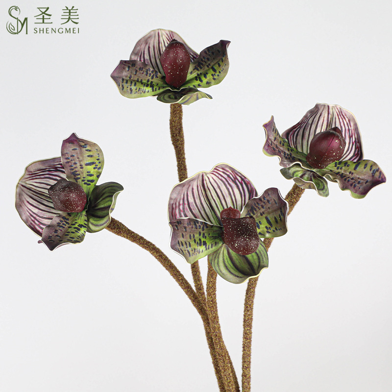 Floare artificială Paphiopedilum slipper orchid — Holy Beauty, PVC moale, stilizare, varietate 38662365760, pentru nuntă, exterior, recuzită de fotografie, decor acasă