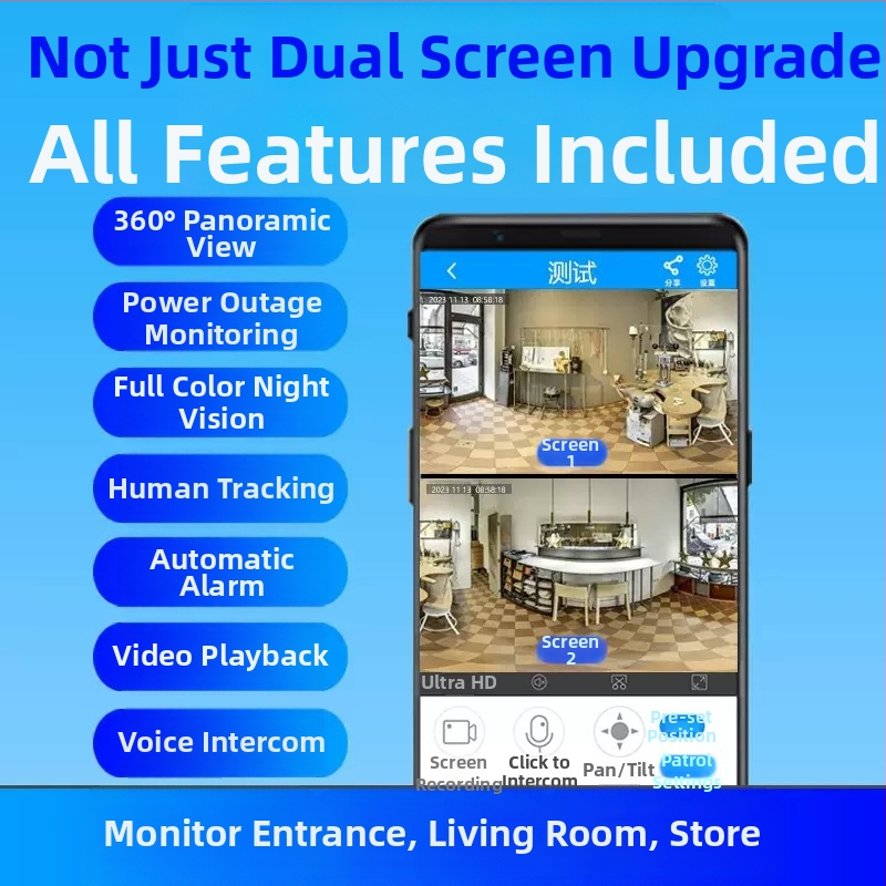 PTZ iekšējā kamera ar divām objektīvām un atskaņošanas funkciju, horizontāla griešanās 325°, vertikāla 90°, panorāmas ātrums 70°/s, slīpēšanas ātrums 50°/s, barošanas DC 5V