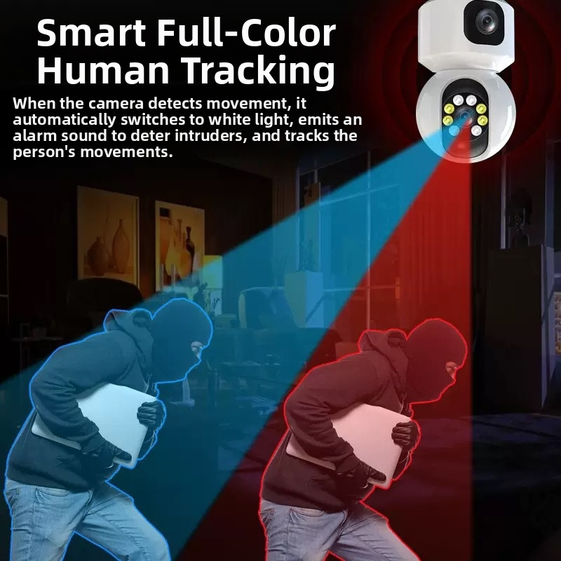 PTZ iekšējā kamera ar divām objektīvām un atskaņošanas funkciju, horizontāla griešanās 325°, vertikāla 90°, panorāmas ātrums 70°/s, slīpēšanas ātrums 50°/s, barošanas DC 5V