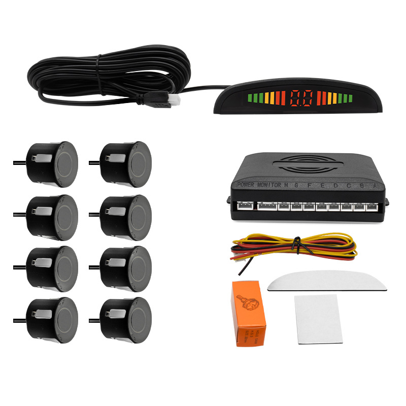 Universālais auto atpakaļgaitas radars ar LED displeju pusmēness formā, 8 sensori, skaņas signāls, 12V barošana