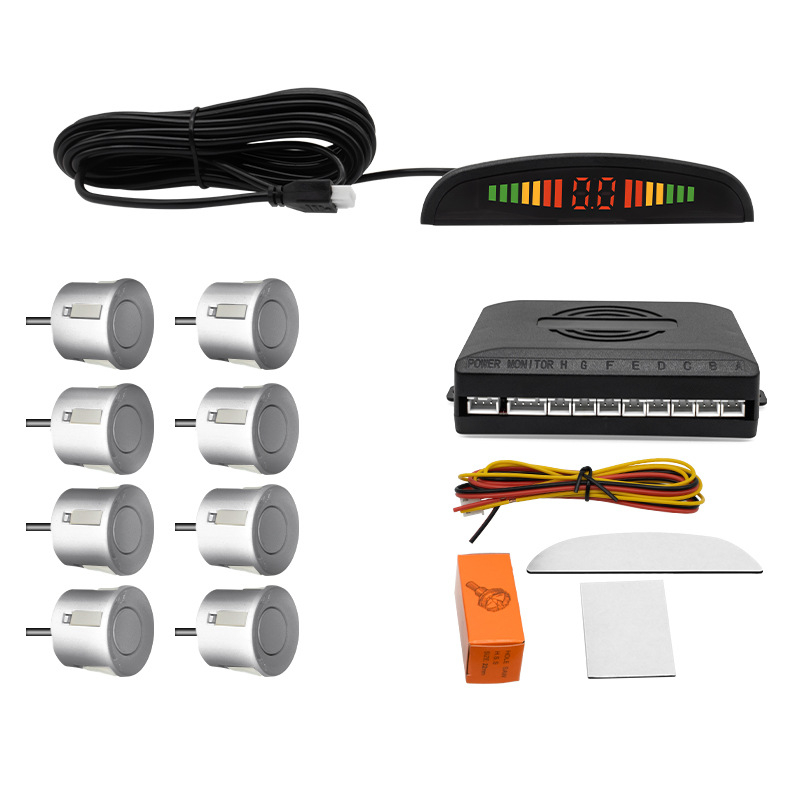 Universālais auto atpakaļgaitas radars ar LED displeju pusmēness formā, 8 sensori, skaņas signāls, 12V barošana