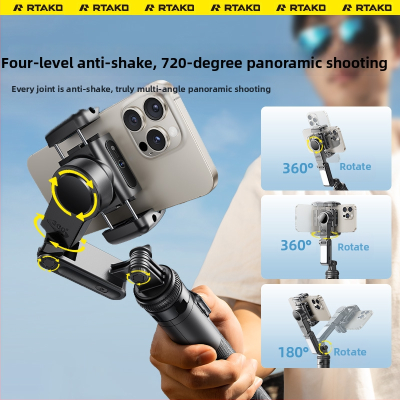 Rtako 360° pan-tilt stabilizator za telefon s ručnim gimballom i ugrađenom rasvjetom za live stream, kućište ABS+aluminij, 480 g