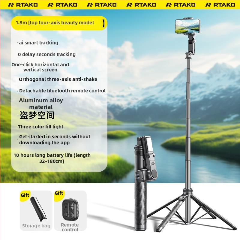 Rtako 360° pan-tilt stabilizator za telefon s ručnim gimballom i ugrađenom rasvjetom za live stream, kućište ABS+aluminij, 480 g