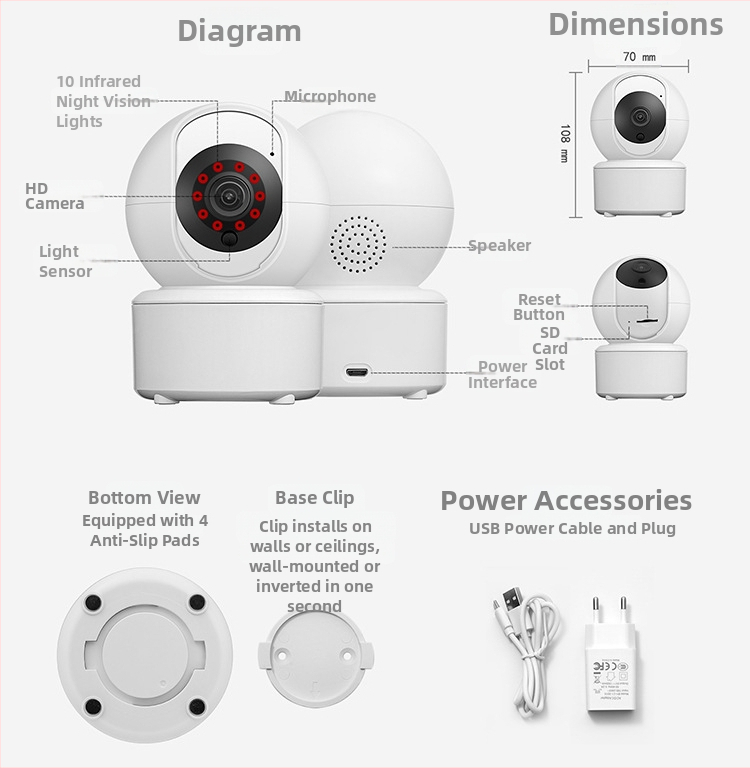 ICSEE bezvadu mājas kamera — 5V barošana, plastmasas PTZ, uzstādīšana uz sienas, griestiem vai plaknai virsmai