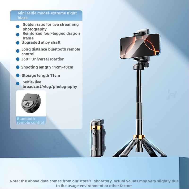 Mini pocket Bluetooth selfie štapić s ugrađenom svjetlom, prijenosna stativna podrška za live streaming — aluminijska legura + ABS, daljinski upravljač