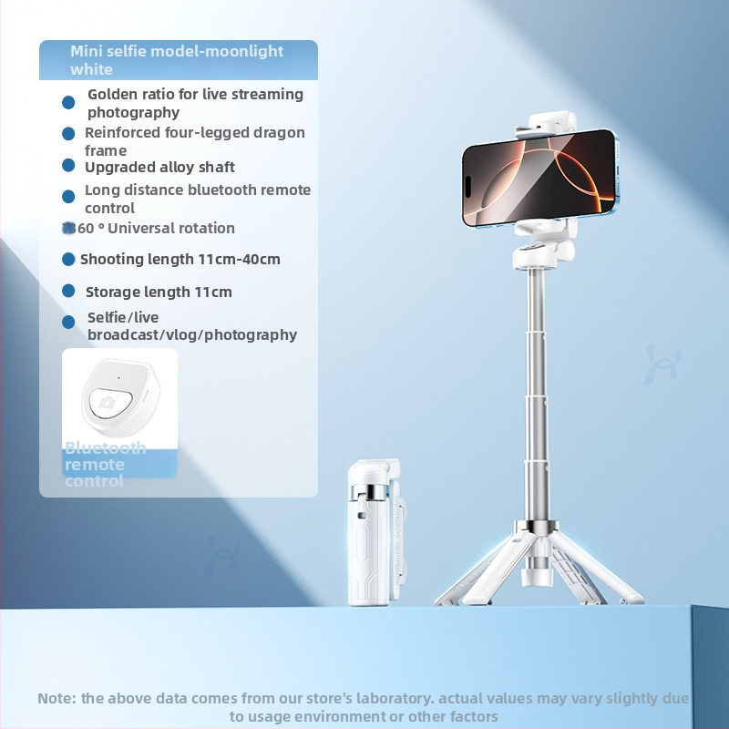 Mini pocket Bluetooth selfie štapić s ugrađenom svjetlom, prijenosna stativna podrška za live streaming — aluminijska legura + ABS, daljinski upravljač