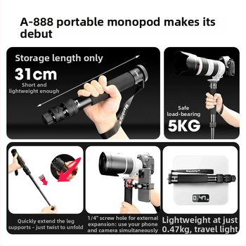 Monopod pentru cameră A-888; aliaj de aluminiu; compatibil cu DSLR și smartphone-uri; greutate 0,470 kg