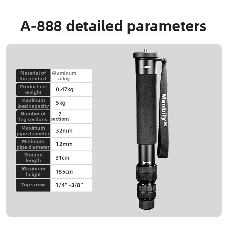 Monopod pentru cameră A-888; aliaj de aluminiu; compatibil cu DSLR și smartphone-uri; greutate 0,470 kg