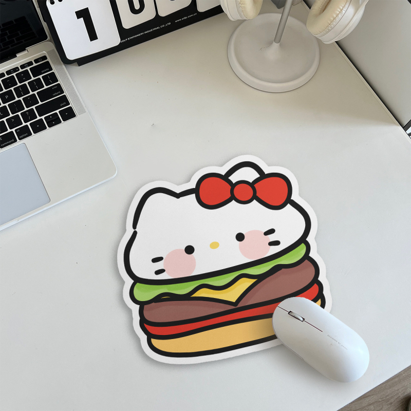 Μαξιλαράκι ποντικιού, καουτσούκ, μονόπλευρο, αντιολισθητικό, εκτύπωση, OEM παραμετροποίηση; σχέδιο: γάτα με μπέργκερ και πατάτες τηγανητές