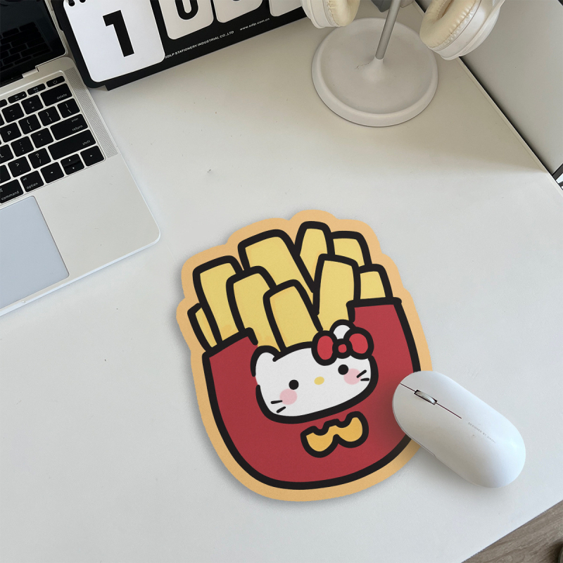 Μαξιλαράκι ποντικιού, καουτσούκ, μονόπλευρο, αντιολισθητικό, εκτύπωση, OEM παραμετροποίηση; σχέδιο: γάτα με μπέργκερ και πατάτες τηγανητές