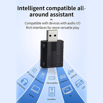 Bluetooth vysielač-prijímač 2-v-1 s vstavaným mikrofónom pre hands-free hovory; podporuje párovanie dvoch zariadení; USB napájanie 5V; hmotnosť 27 g