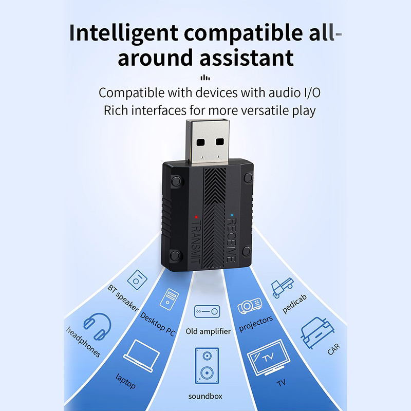 Bluetooth vysielač-prijímač 2-v-1 s vstavaným mikrofónom pre hands-free hovory; podporuje párovanie dvoch zariadení; USB napájanie 5V; hmotnosť 27 g