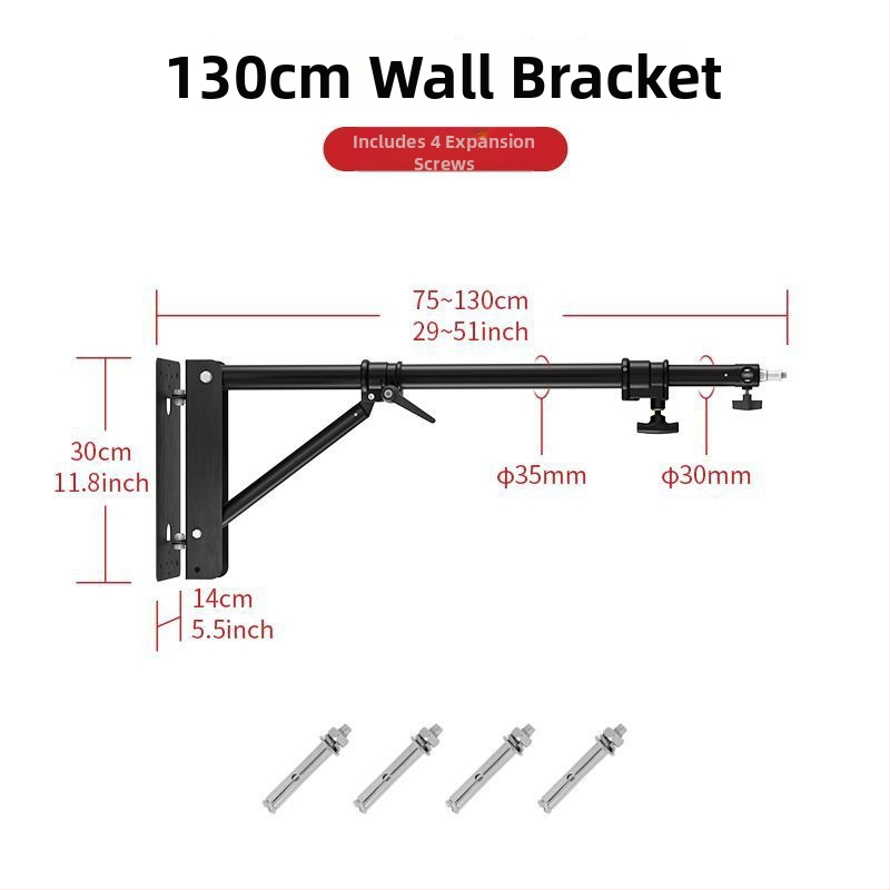 Cantileverná stenová rameno pre štúdio – železo+ABS, nosnosť 3–5 kg, výška 1,3/1,8 m, priemer rúry 35 mm, 3 časti