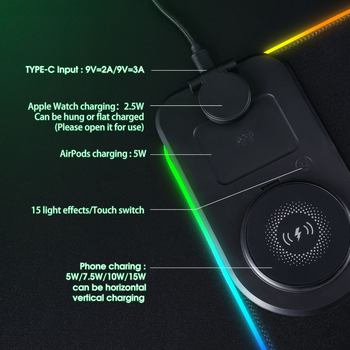 3-v-1 podložka pod myš s bezdrôtovým nabíjaním, prispôsobiteľná kancelárska podložka s logom, protišmyková a podsvietená.