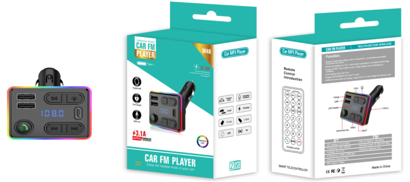 M51 autový MP3 prehrávač s Bluetoothom, hudba z U-disku, PD nabíjačka, rýchle nabíjanie, hands-free volania a FM vysielač — Model M51; Rozhranie: PD/USB/TF; Napájanie: 12V; Dĺžka prehrávania: 222