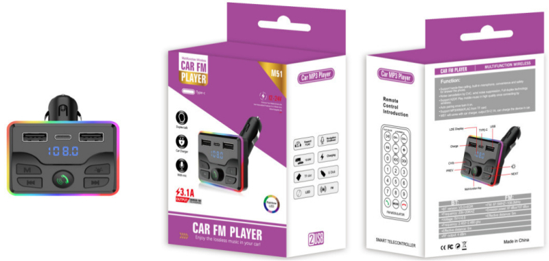 M51 autový MP3 prehrávač s Bluetoothom, hudba z U-disku, PD nabíjačka, rýchle nabíjanie, hands-free volania a FM vysielač — Model M51; Rozhranie: PD/USB/TF; Napájanie: 12V; Dĺžka prehrávania: 222