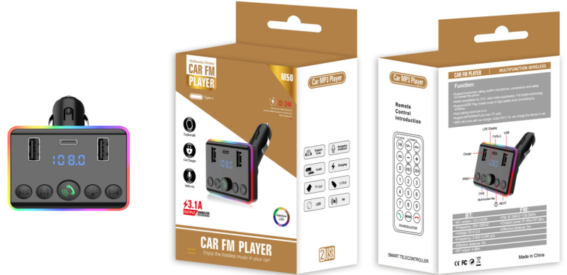 M51 autový MP3 prehrávač s Bluetoothom, hudba z U-disku, PD nabíjačka, rýchle nabíjanie, hands-free volania a FM vysielač — Model M51; Rozhranie: PD/USB/TF; Napájanie: 12V; Dĺžka prehrávania: 222