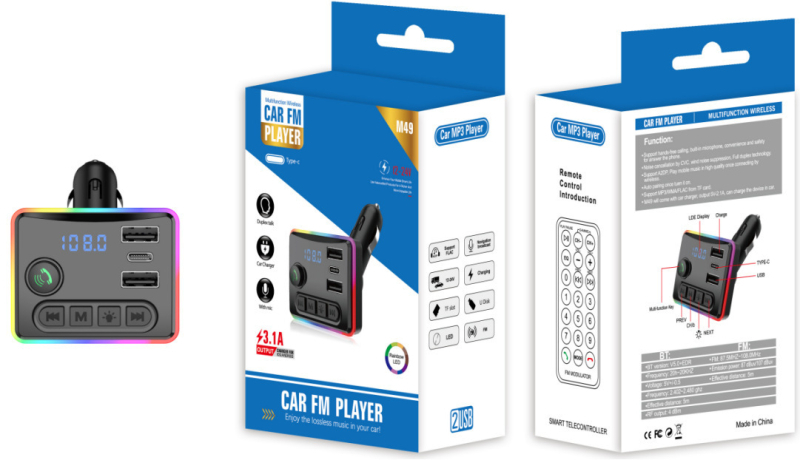 M51 autový MP3 prehrávač s Bluetoothom, hudba z U-disku, PD nabíjačka, rýchle nabíjanie, hands-free volania a FM vysielač — Model M51; Rozhranie: PD/USB/TF; Napájanie: 12V; Dĺžka prehrávania: 222